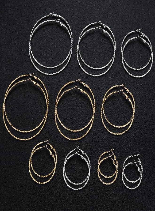 Cuicanstar 5/10 Pairs Stainless Steel Filigree Hoop Earrings for Women Hypoallergenic Large Small 14K Gold Hoops Silver Hoop Earring Pack Lightweight Fashion Earrings Set, 30mm 40mm 50mm 60mm 70mm, Stainless - Image 5