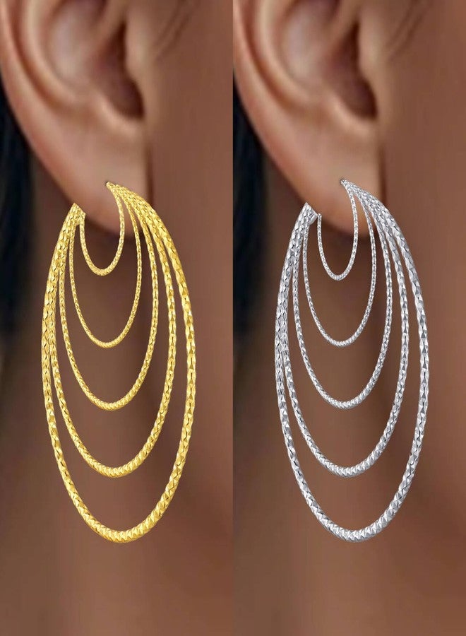 Cuicanstar 5/10 Pairs Stainless Steel Filigree Hoop Earrings for Women Hypoallergenic Large Small 14K Gold Hoops Silver Hoop Earring Pack Lightweight Fashion Earrings Set, 30mm 40mm 50mm 60mm 70mm, Stainless - Image 2