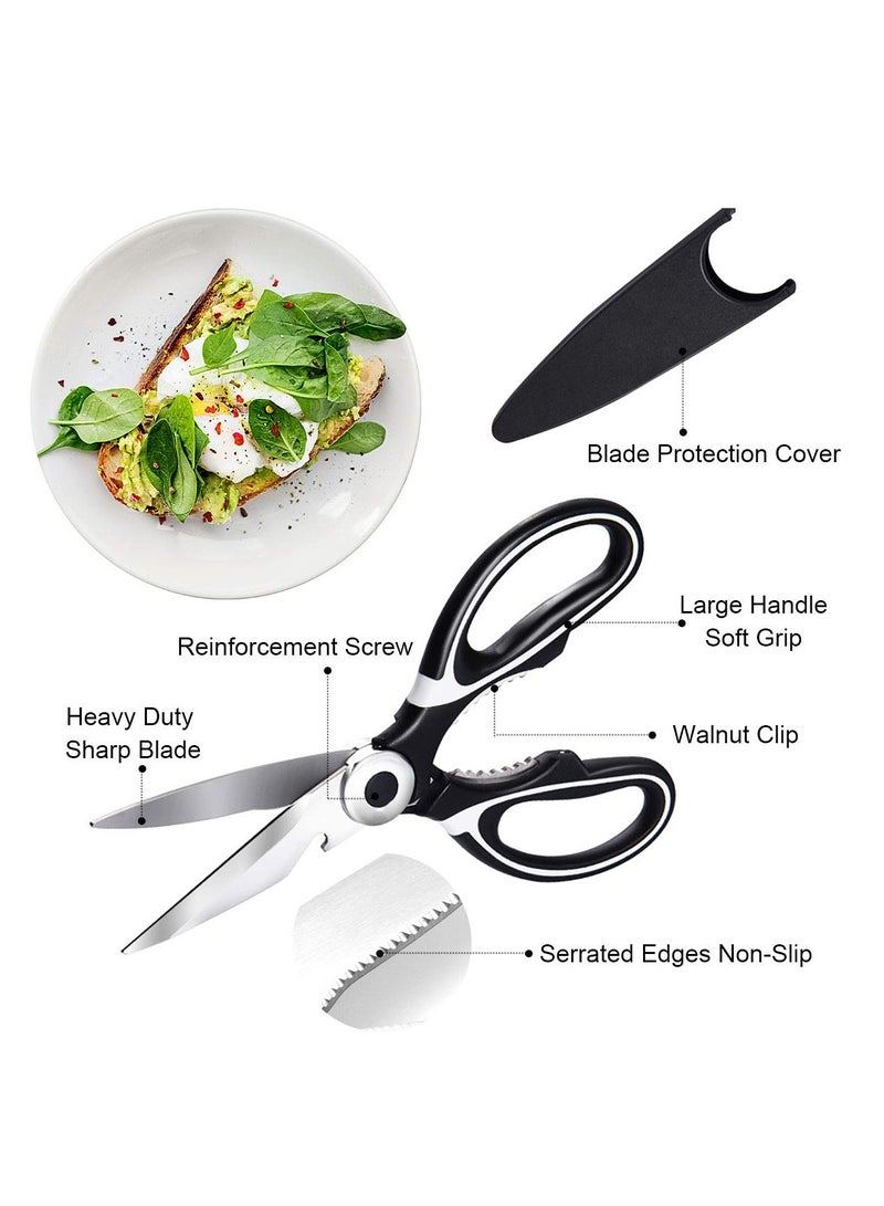 Heavy Duty Kitchen Scissors Set - 2 PCS Multi-Purpose Stainless Steel Scissors with Cover for Cutting Chicken, Fish, Vegetables, BBQ, Nuts, and Flowers, Includes Bottle Opener (Black/Red) - Image 2