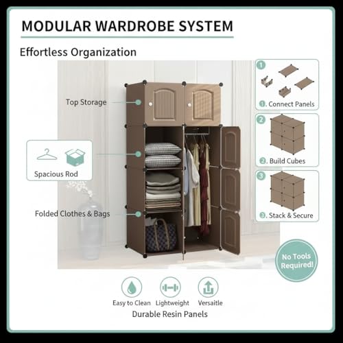 EXVITO Collapsible Kids Wardrobe Closet Storage Cabinet with Doors – Door Foldable Modular Plastic Wardrobe Organizer for Bedroom & Baby Room for Kitchen,Home Office,Sink,Laundry (Brown, 6+2 Door) - Image 3