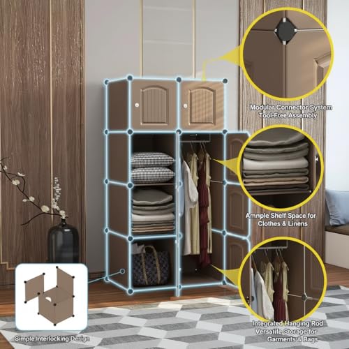 EXVITO Collapsible Kids Wardrobe Closet Storage Cabinet with Doors – Door Foldable Modular Plastic Wardrobe Organizer for Bedroom & Baby Room for Kitchen,Home Office,Sink,Laundry (Brown, 6+2 Door) - Image 5