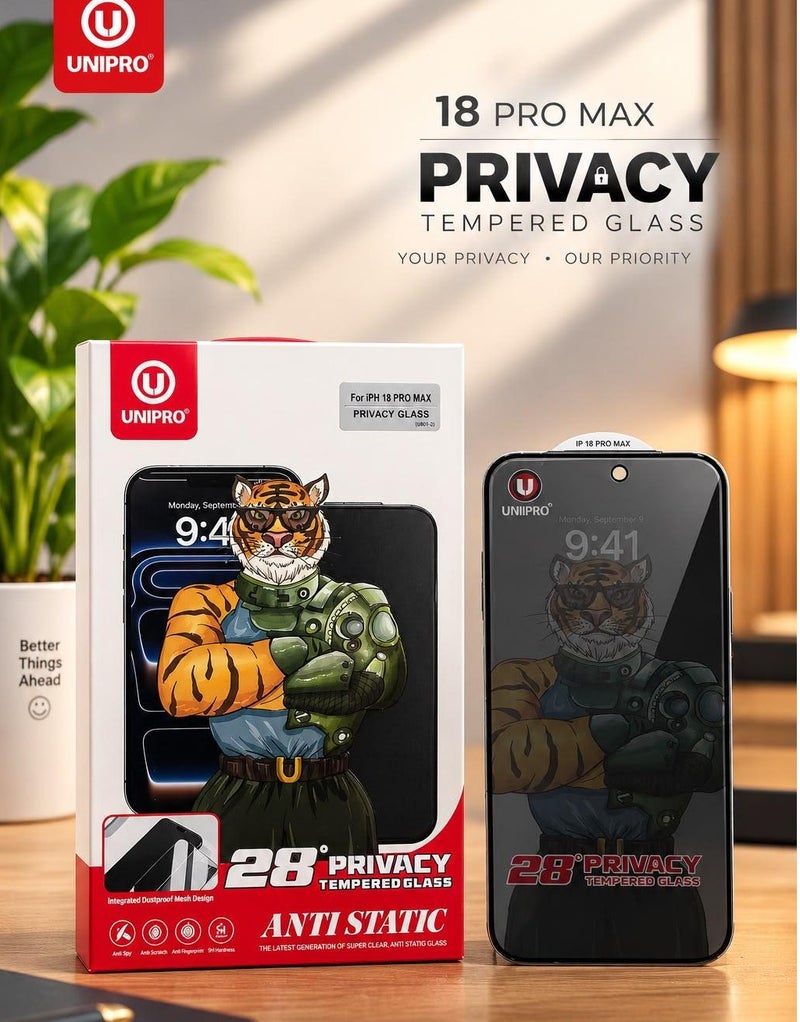 Unipro 18 Pro Max Privacy Tempered Glass Screen Protector for iPhone 18 Pro Max, 28° Anti-Peeping, 9H Hardness, Anti-Fingerprint, HD Clarity, Dust-Proof Mesh Design - Image 1