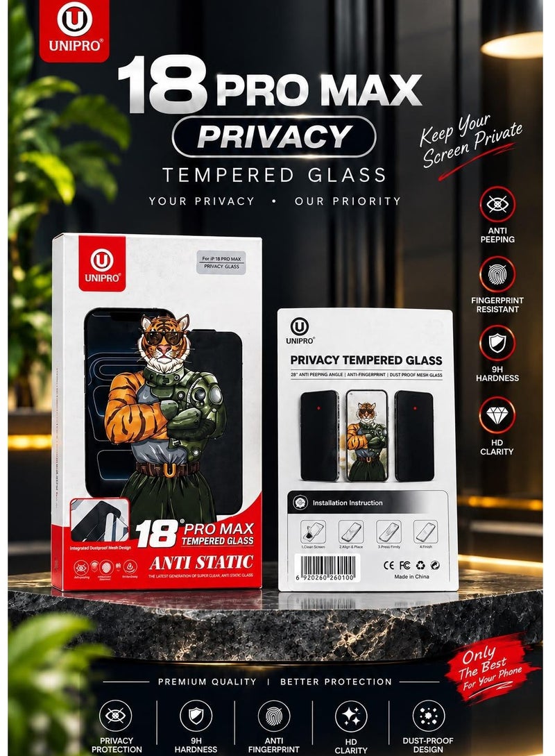Unipro 18 Pro Max Privacy Tempered Glass Screen Protector for iPhone 18 Pro Max, 28° Anti-Peeping, 9H Hardness, Anti-Fingerprint, HD Clarity, Dust-Proof Mesh Design - Image 2