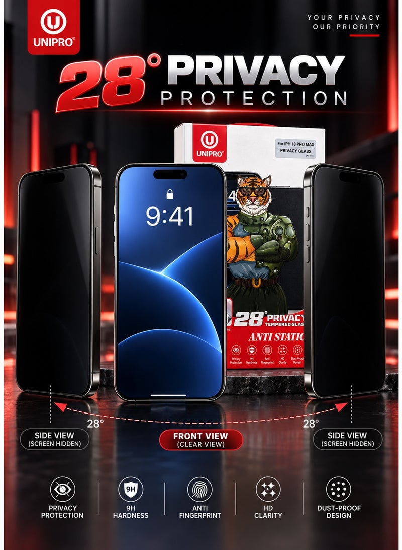 Unipro 18 Pro Max Privacy Tempered Glass Screen Protector for iPhone 18 Pro Max, 28° Anti-Peeping, 9H Hardness, Anti-Fingerprint, HD Clarity, Dust-Proof Mesh Design - Image 4