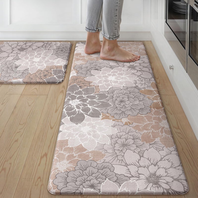 GENIMO Kitchen Mats for Floor, Kitchen Rugs Non Slip Washable Sets of 2, Waterproof Cushioned Anti Fatigue Mat, Floral Runner Rug for Laundry, Sink, Office, Home, 17.3"x47"+17.3"x30", Taupe Grey - Image 1