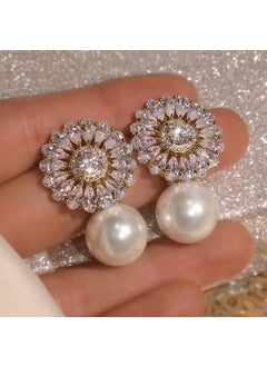 Baroque Floral Zircon Pearl Earrings Bridal E2692 Gold