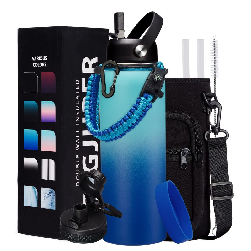 DIGJUPER Stainless Steel Water Bottle 40oz - Insulated Water Bottle with Straw & Spout Lids  Survival Paracord  Strap Sleeve  Protective Cup Mat  Wide Mouth Thermo Jug Flask for Sports Gym or Office - Image 1