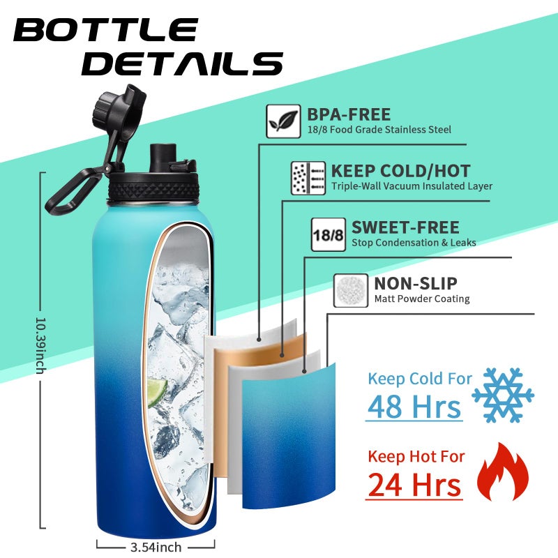 DIGJUPER Stainless Steel Water Bottle 40oz - Insulated Water Bottle with Straw & Spout Lids  Survival Paracord  Strap Sleeve  Protective Cup Mat  Wide Mouth Thermo Jug Flask for Sports Gym or Office - Image 4