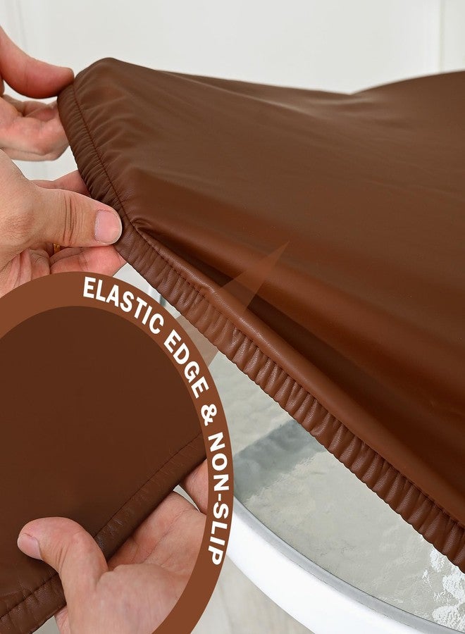 vctops 100% Waterproof Pu Leather Round Table Cloth Cover, Oil Proof Wipeable Elastic Fitted Tablecloth, Windproof Washable Table Protector for Picnic, Camping, Outdoor (Coffee,24") - Image 4