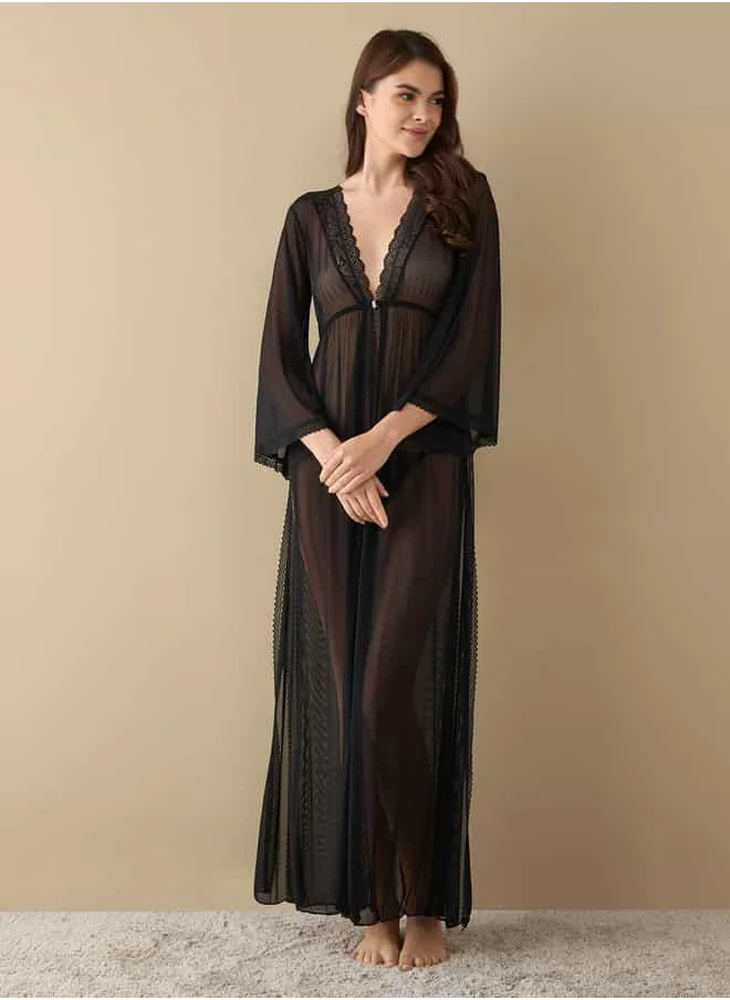 فاف Textured Night Dress with V-neck and Long Sleeves