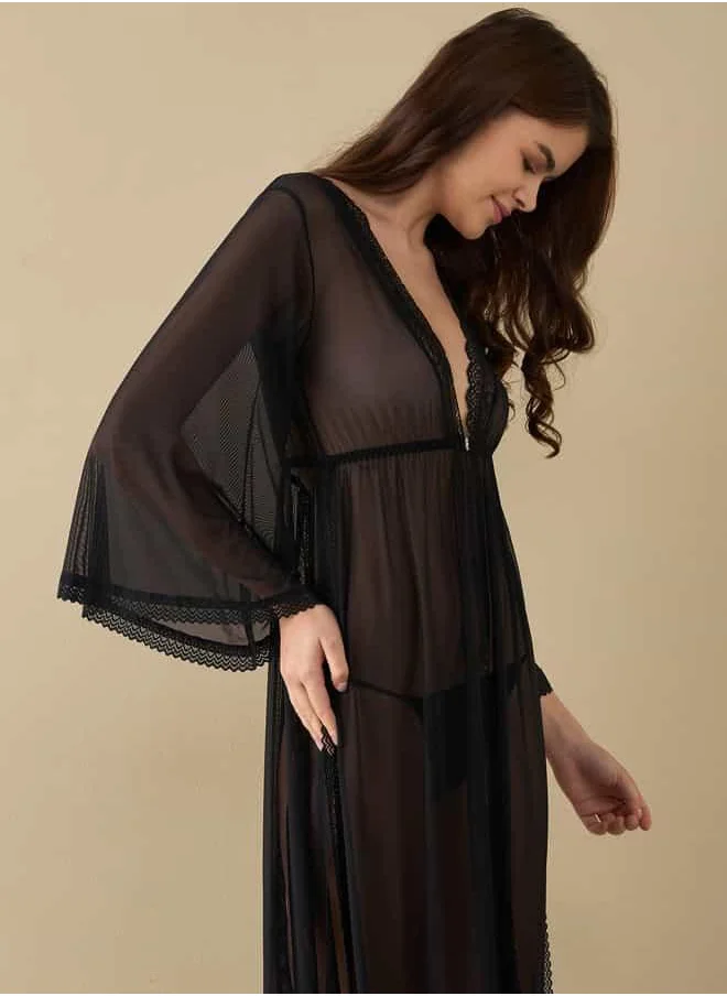فاف Textured Night Dress with V-neck and Long Sleeves