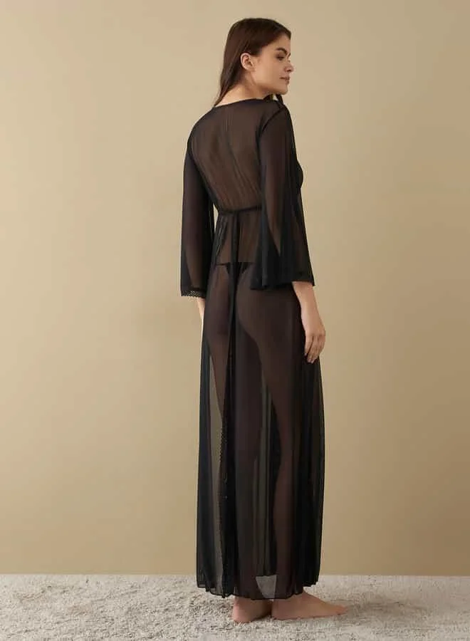 Splash FAV Textured Night Dress with V-neck and Long Sleeves