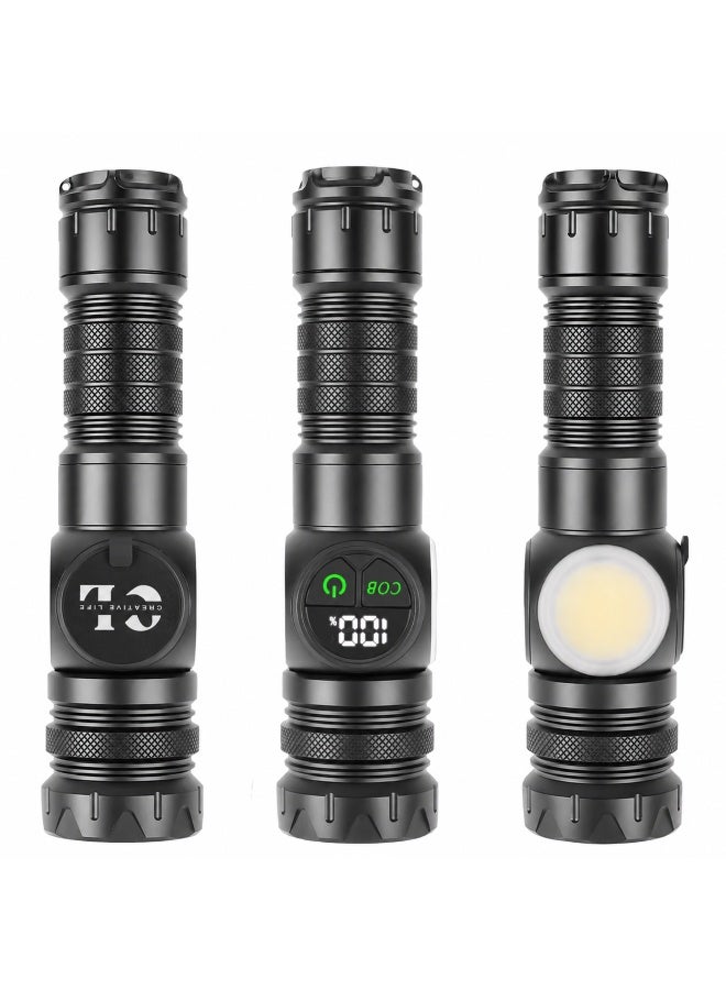 الحياة الإبداعية كشاف LED قوي قابل لإعادة الشحن من كرييتف لايف، 1200 لومن مع زوم وإضاءة جانبية COB وقاعدة مغناطيسية وشاشة رقمية للبطارية و9 أوضاع وشحن USB-C وحافظة وبطاريتين 26650، أسود - Image 2