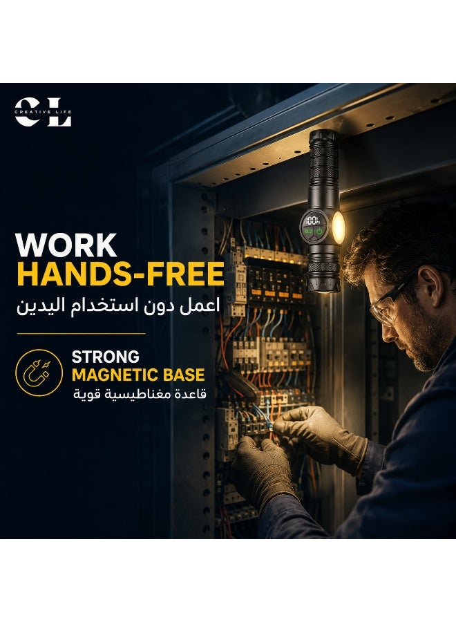 الحياة الإبداعية كشاف LED قوي قابل لإعادة الشحن من كرييتف لايف، 1200 لومن مع زوم وإضاءة جانبية COB وقاعدة مغناطيسية وشاشة رقمية للبطارية و9 أوضاع وشحن USB-C وحافظة وبطاريتين 26650، أسود - Image 3