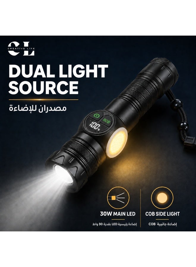 الحياة الإبداعية كشاف LED قوي قابل لإعادة الشحن من كرييتف لايف، 1200 لومن مع زوم وإضاءة جانبية COB وقاعدة مغناطيسية وشاشة رقمية للبطارية و9 أوضاع وشحن USB-C وحافظة وبطاريتين 26650، أسود - Image 4