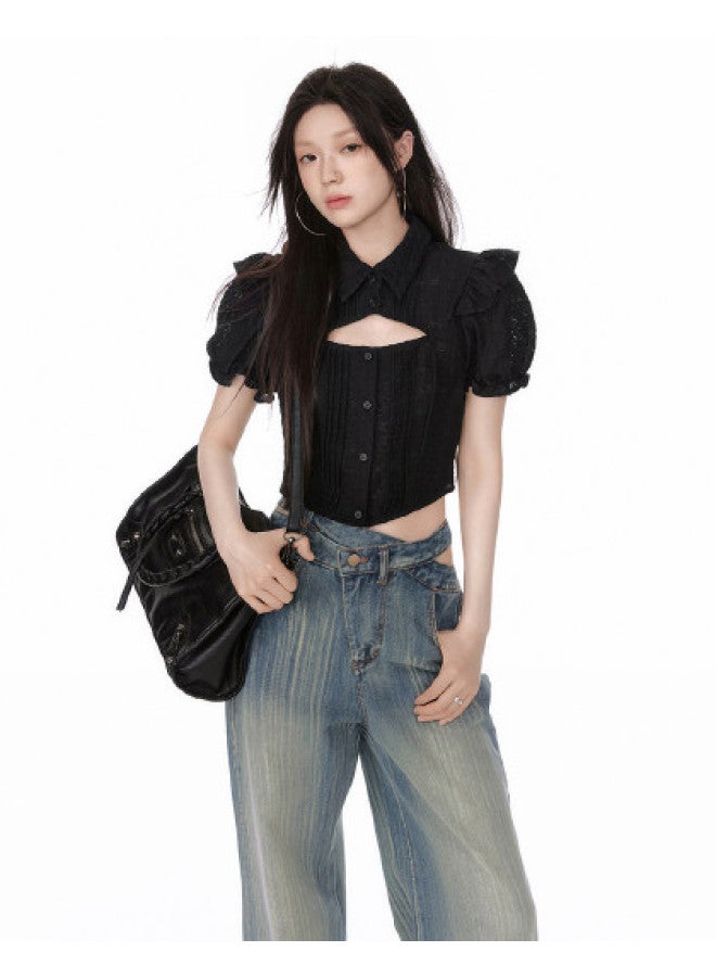 EPTISON Textured Shirt For Women - Summer Sweet & Spicy Style, Cropped With Ruffled Hem, Hollow-out Design, Collared Fashion Top - Image 1