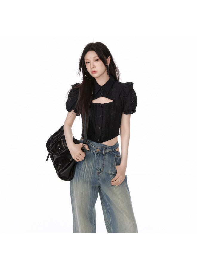 EPTISON Textured Shirt For Women - Summer Sweet & Spicy Style, Cropped With Ruffled Hem, Hollow-out Design, Collared Fashion Top - Image 2