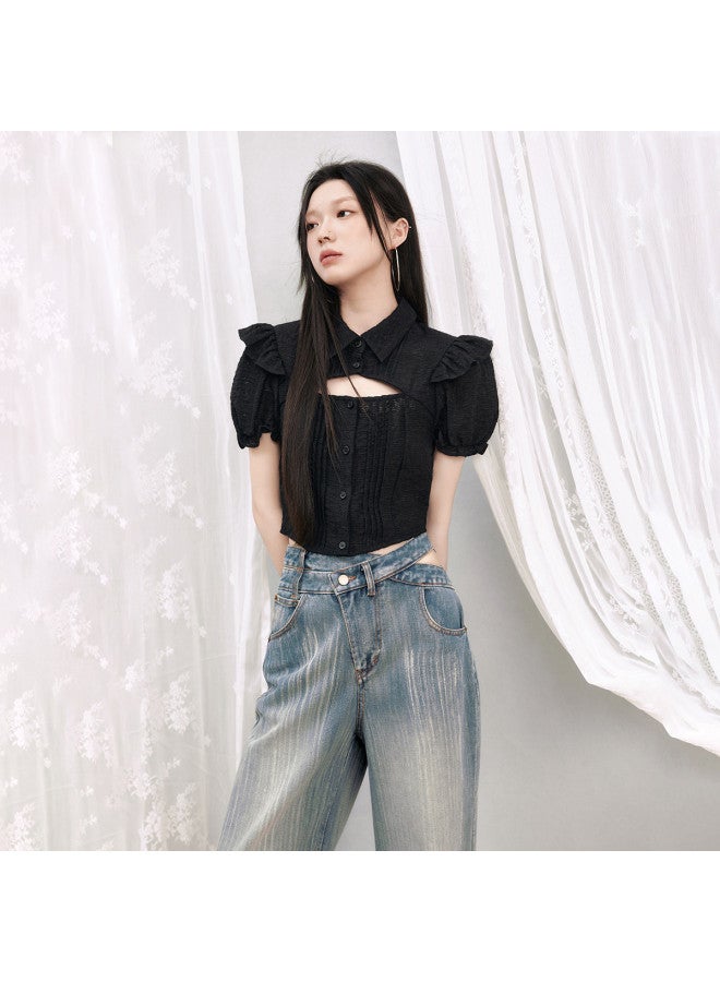 EPTISON Textured Shirt For Women - Summer Sweet & Spicy Style, Cropped With Ruffled Hem, Hollow-out Design, Collared Fashion Top - Image 3