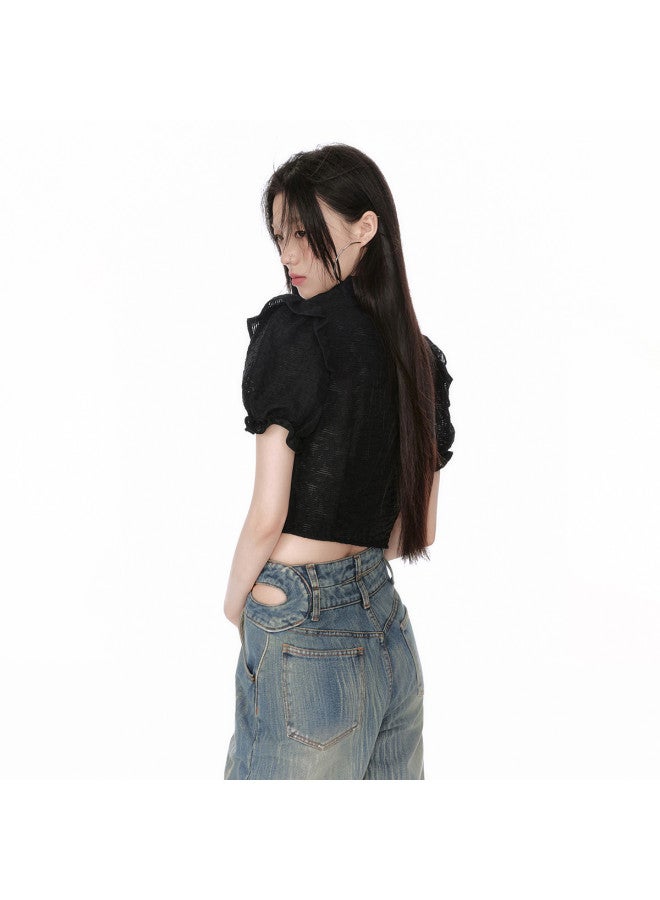 EPTISON Textured Shirt For Women - Summer Sweet & Spicy Style, Cropped With Ruffled Hem, Hollow-out Design, Collared Fashion Top - Image 5