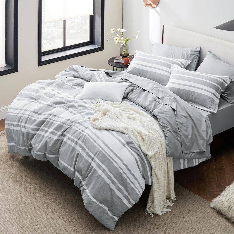 Bedsure King Duvet Cover Grey White Striped - Super Soft Cationic Dyed Duvet Cover for Kids with Zipper Closure, 3 Pieces, No Comforter(104"x90") - Image 1