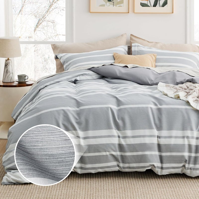 Bedsure King Duvet Cover Grey White Striped - Super Soft Cationic Dyed Duvet Cover for Kids with Zipper Closure, 3 Pieces, No Comforter(104"x90") - Image 2