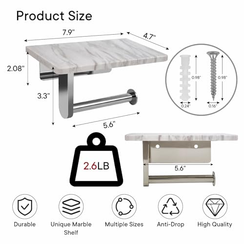 Nodafuer Toilet Paper Holder with Natural Marble Shelf for Bathroom WashroomWall Mounted Tissue Holder Suitable for Mega Roll Brushed Nickel Middle 787 472 in - Image 3