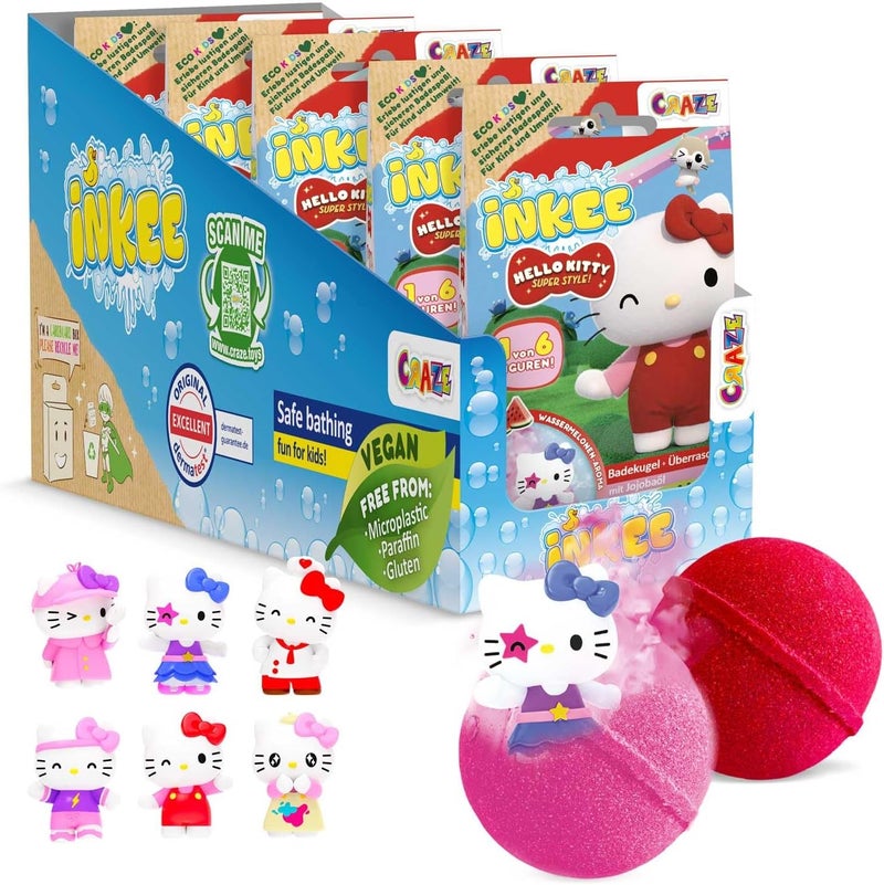 إنكي حزمة INKEE Hello Kitty المكونة من 5 قنابل استحمام للأطفال مع مفاجأة - 5 من أصل 6 تماثيل Hello Kitty للجمع - 5 × قنابل استحمام 80 غرام برائحة البطيخ وزيت الجوجوبا، وردية أو حمراء - Image 1