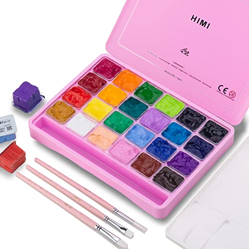 ABEIER HIMI Gouache Paint Set 24 Colors x 30ml1oz with 3 Brushes a Palette Unique Jelly Cup Design NonToxic Guache Paint for Canvas Watercolor Paper Perfect for Beginners Students ArtistsPink - Image 1