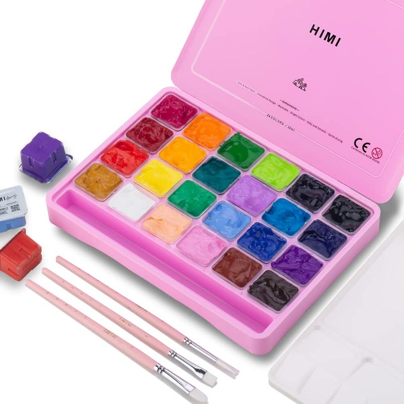 ABEIER HIMI Gouache Paint Set 24 Colors x 30ml1oz with 3 Brushes a Palette Unique Jelly Cup Design NonToxic Guache Paint for Canvas Watercolor Paper Perfect for Beginners Students ArtistsPink - Image 2