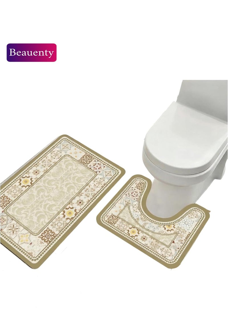 Beauenty Bathroom Mat Set, Beige Floral Pattern, 2 Piece, Anti-Slip, Soft and Comfortable - Image 1