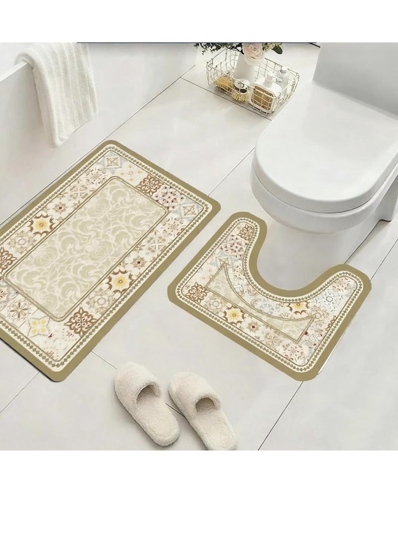 Beauenty Bathroom Mat Set, Beige Floral Pattern, 2 Piece, Anti-Slip, Soft and Comfortable - Image 2