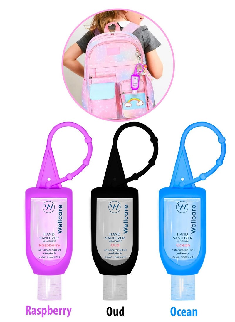 Wellcare - 3-Pack Scented Anti-Bacterial Hand Sanitizer Gel With Holder 50ml, Raspberry, Oud, Ocean - Image 1