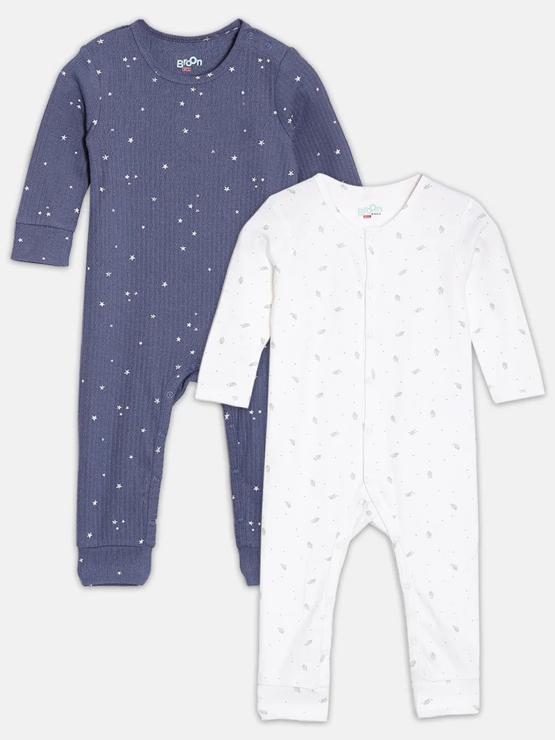 Broon Broon Infant Boys Grey and Dark Blue Printed Organic Cotton Sleepsuit Pack of 2