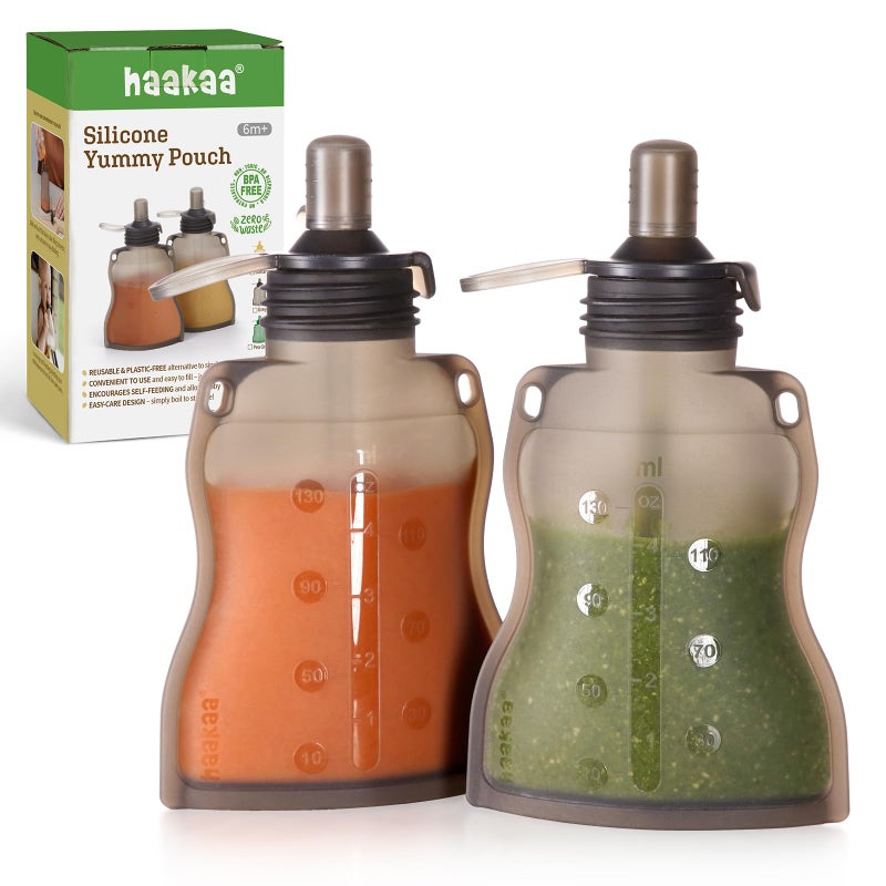 Haakaa Yummy Pouch Reusable Baby Food Pouch, Baby Food Storage Kids Squeezable Pouch, Washable Freezer - Make Homemade Organic Food for Babies/Toddlers, 4oz, 2 Pack,6m+ - Image 1