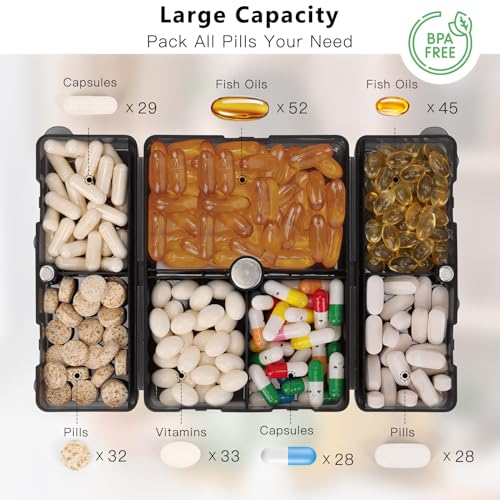 FYY Daily Pill Organizer7 Compartments Portable Pill Case Travel Pill OrganizerFolding Design Large Pill Box for Purse Pocket to Hold VitaminsCod Liver OilSupplements and MedicationClear Black - Image 5