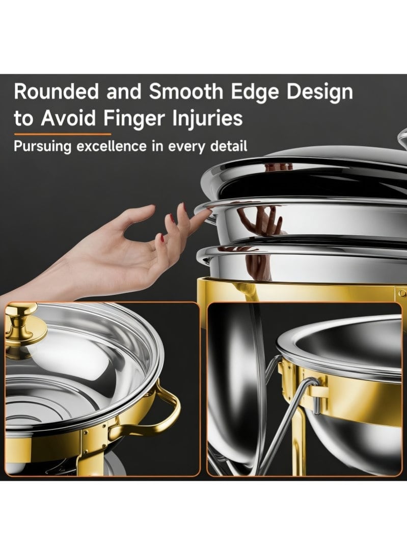 طقم سخان طعام دائري من الفولاذ المقاوم للصدأ سعة 4.5 لتر مع غطاء وحامل ووقود، مناسب للحفلات والمناسبات والفنادق – لون فضي/ذهبي - Image 4