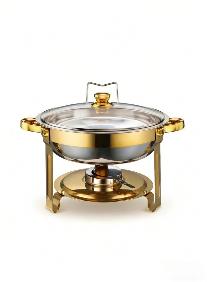 طقم سخان طعام دائري من الفولاذ المقاوم للصدأ سعة 4.5 لتر مع غطاء وحامل ووقود، مناسب للحفلات والمناسبات والفنادق – لون فضي/ذهبي - Image 1