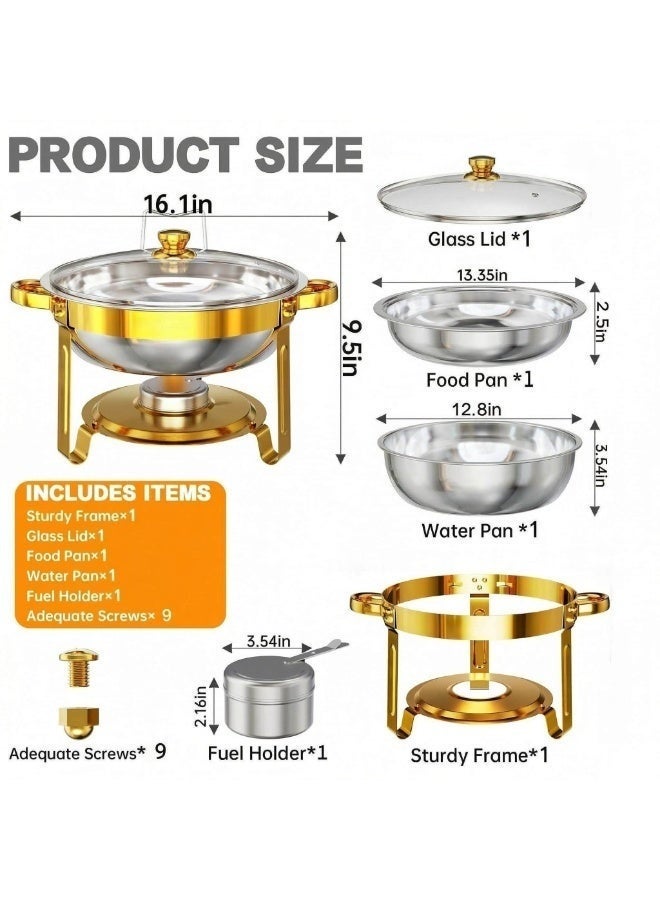 طقم سخان طعام دائري من الفولاذ المقاوم للصدأ سعة 4.5 لتر مع غطاء وحامل ووقود، مناسب للحفلات والمناسبات والفنادق – لون فضي/ذهبي - Image 2