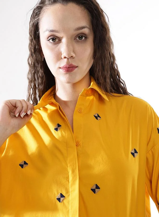 HIGH STAR  Women'S Yellow Poplin Embroidered Button Down Oversized Shirt for Women | Best Price UAE
