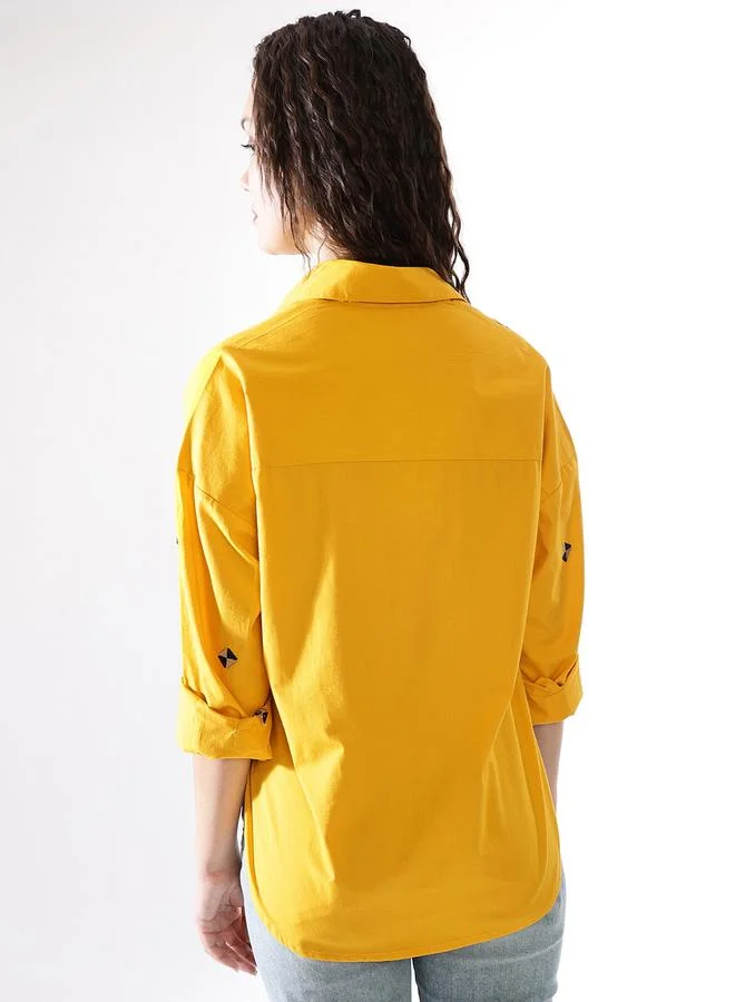HIGH STAR  Women'S Yellow Poplin Embroidered Button Down Oversized Shirt for Women | Best Price UAE