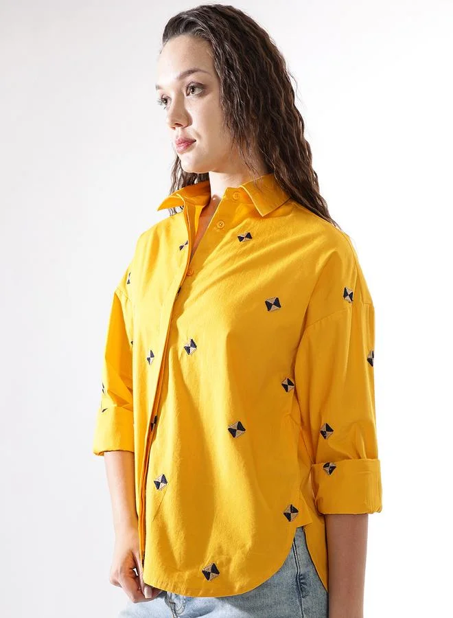 HIGH STAR  Women'S Yellow Poplin Embroidered Button Down Oversized Shirt for Women | Best Price UAE