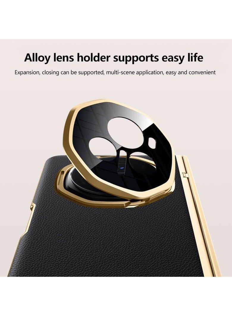 Compatible with Honor Magic V3 Electroplated Frame Magnetic Hinge Protection Grain Leather Case with Lens Holder Privacy Screen Protector For Magic V3 - Image 2