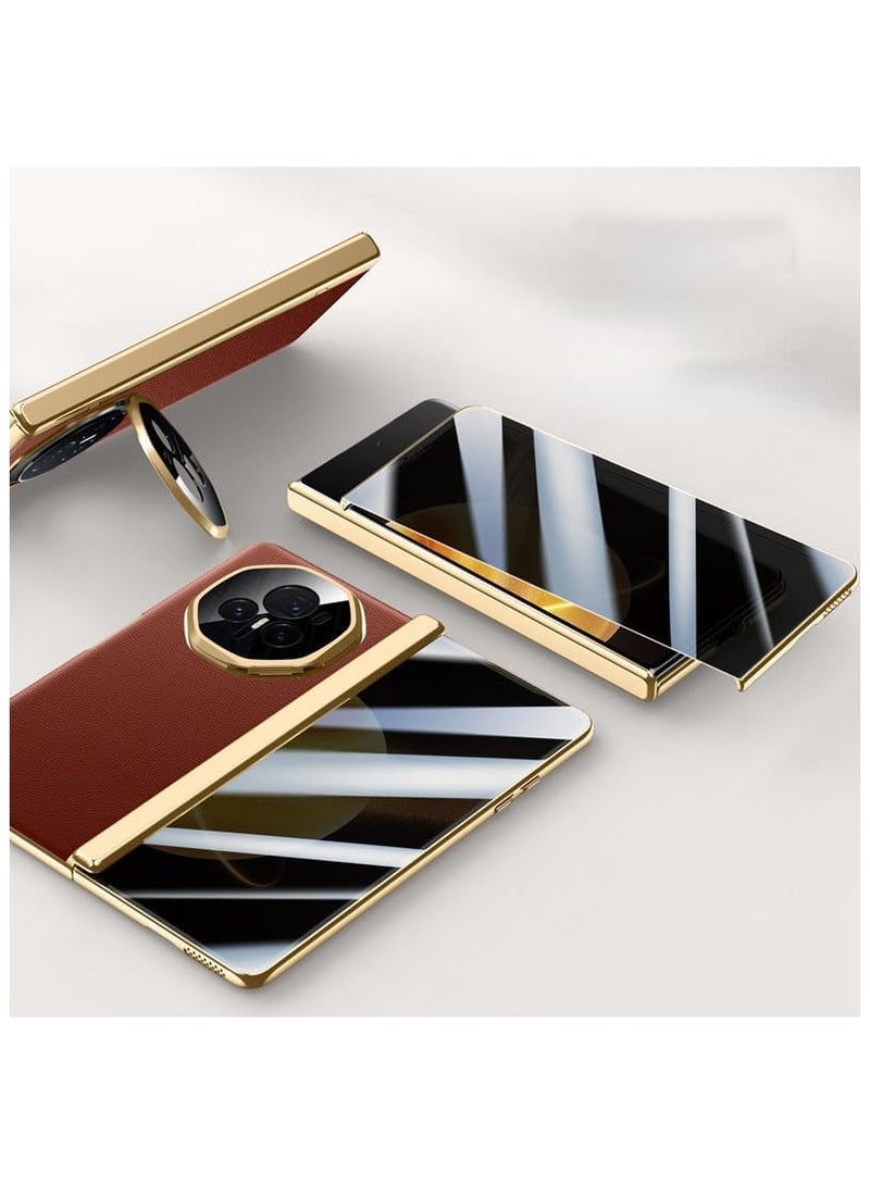 Compatible with Honor Magic V3 Electroplated Frame Magnetic Hinge Protection Grain Leather Case with Lens Holder Privacy Screen Protector For Magic V3 - Image 1