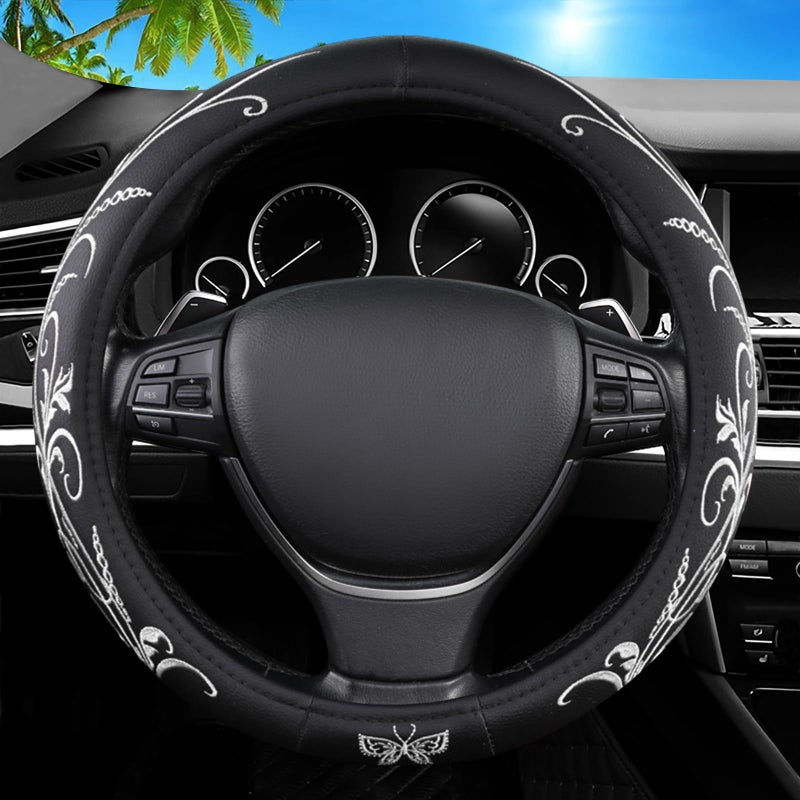FBLOWMOD Car Leather Steering Wheel Cover Panapi Material Universal 14515 Inch Leather AntiSlip Breathable Auto Steering Wheel Covers for Men Women EmbroideryWhite - Image 2