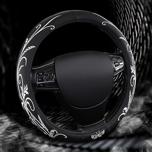 FBLOWMOD Car Leather Steering Wheel Cover Panapi Material Universal 14515 Inch Leather AntiSlip Breathable Auto Steering Wheel Covers for Men Women EmbroideryWhite - Image 3