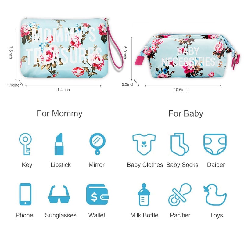 printe Mommy Diaper Bag Tote with 2 Organizers,Large Hospital Bag for Women Labor Delivery & Travel Baby Diaper Essentials Mom Weekender for Baby Care (Blue-Floral) - Image 4