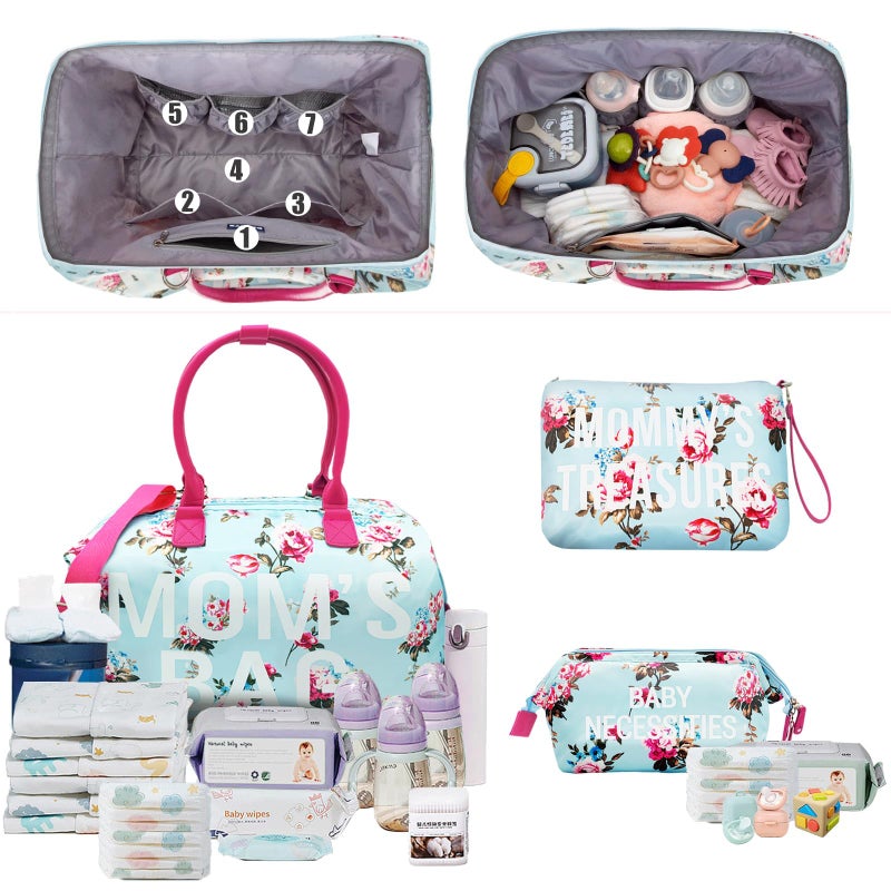 printe Mommy Diaper Bag Tote with 2 Organizers,Large Hospital Bag for Women Labor Delivery & Travel Baby Diaper Essentials Mom Weekender for Baby Care (Blue-Floral) - Image 2