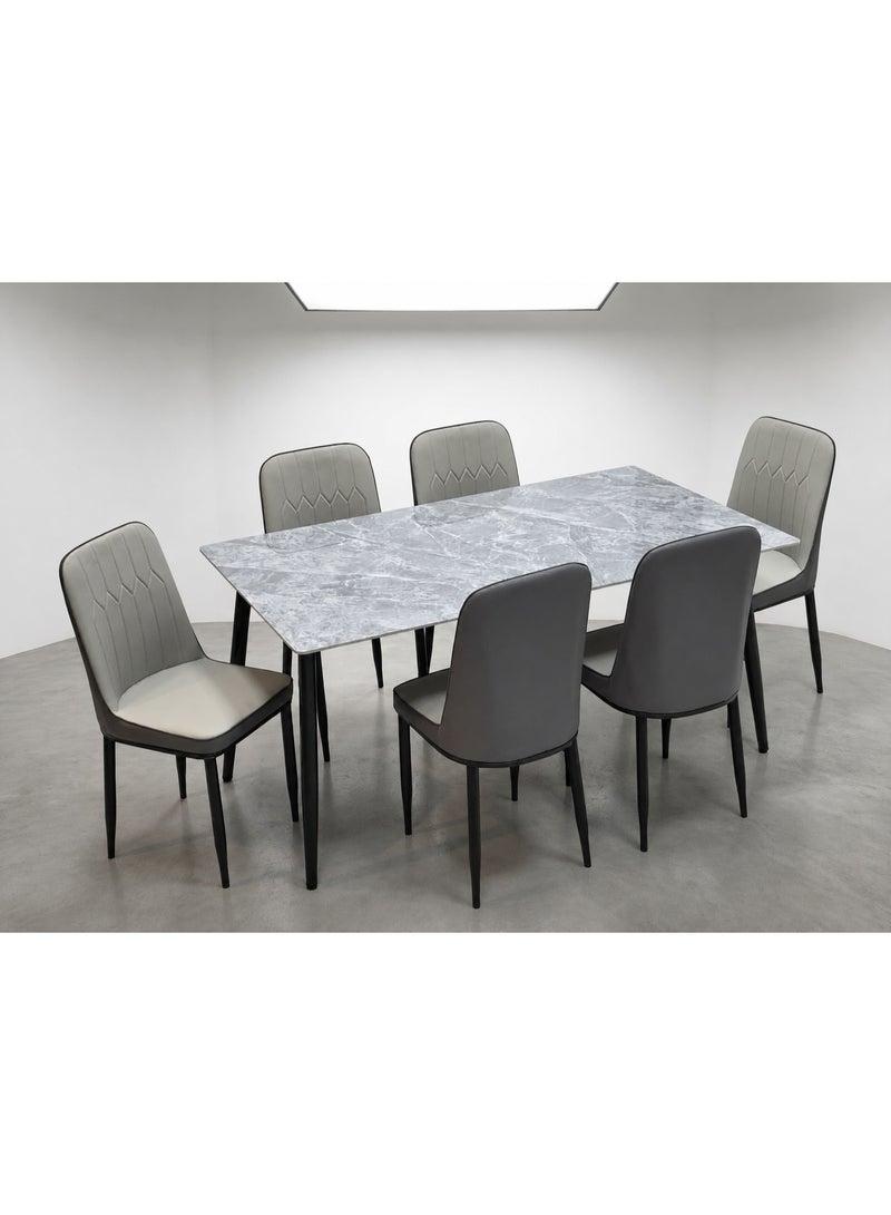 SUNLIT HOME 6-Seater Ceramic Dining Table Set with Upholstered Chairs, Modern Marble Effect Dining Table and 6 Cushioned Dining Chairs - Image 1