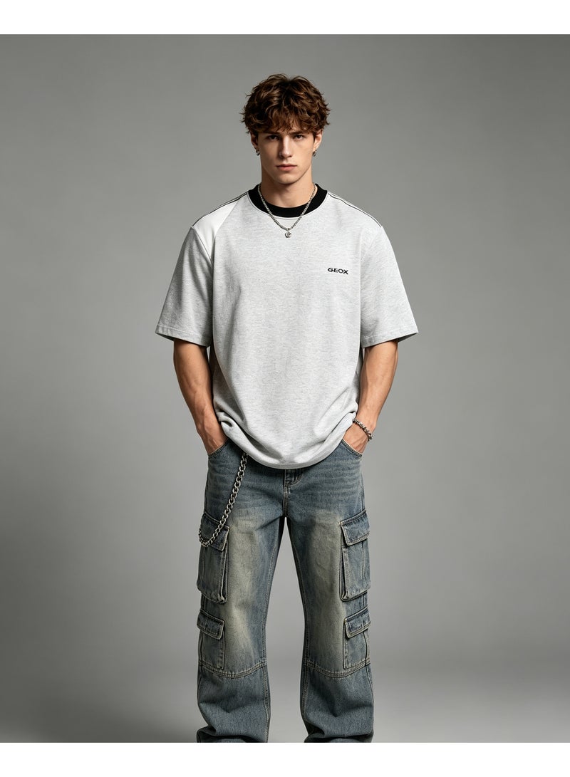 Geox Men Shoulder Color Block Short Sleeve Loose Casual Daily Street Summer T-Shirt Heather Grey Black Collar - Image 1