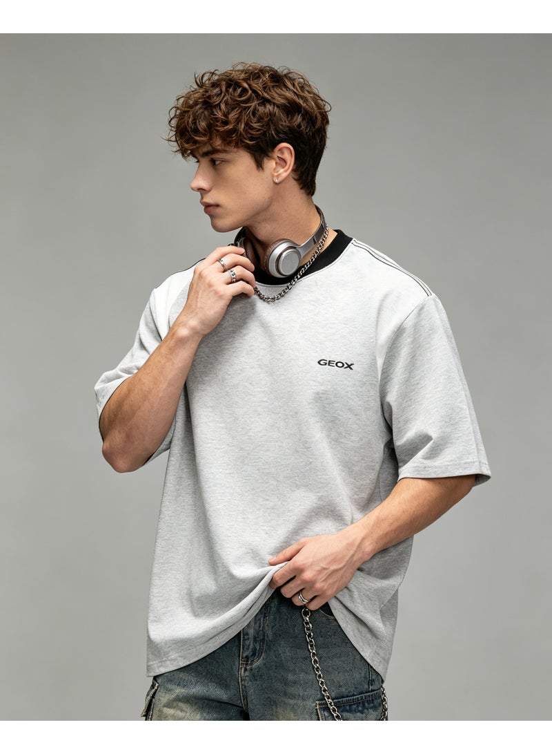 Geox Men Shoulder Color Block Short Sleeve Loose Casual Daily Street Summer T-Shirt Heather Grey Black Collar - Image 2